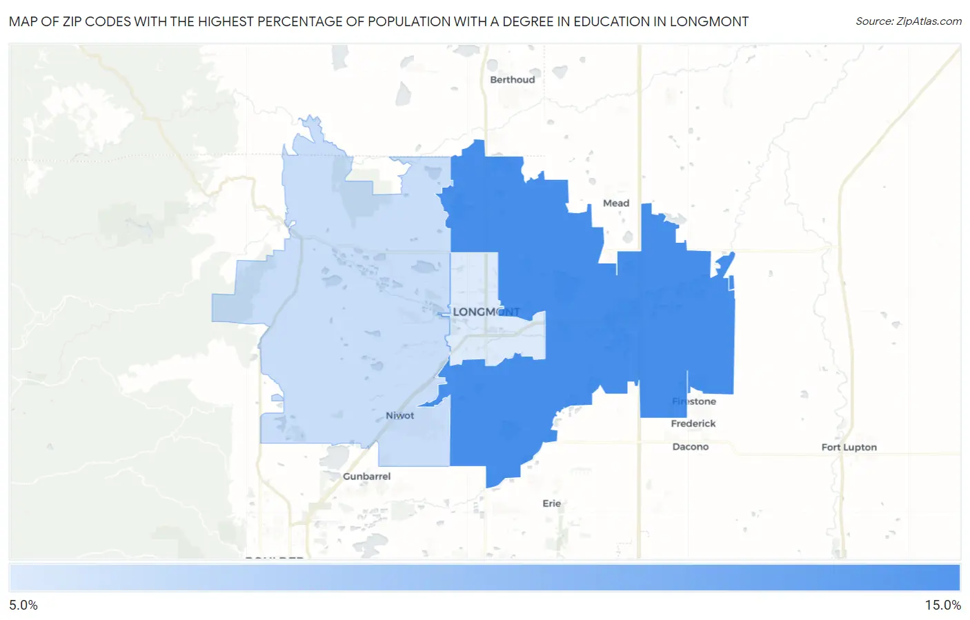 Zip Codes with the Highest Percentage of Population with a Degree in Education in Longmont Map