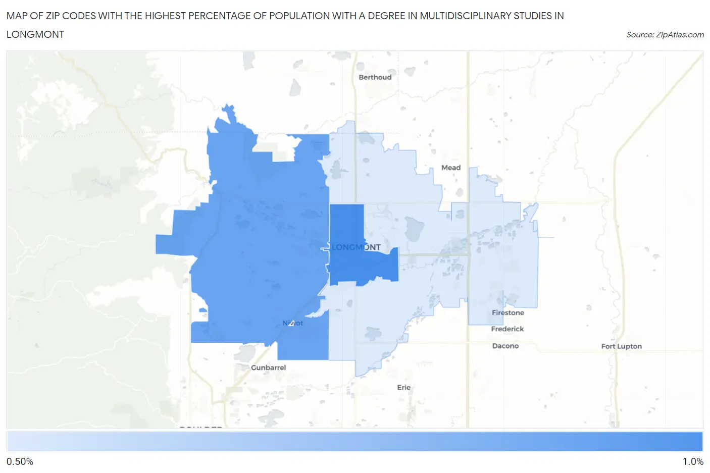 Zip Codes with the Highest Percentage of Population with a Degree in Multidisciplinary Studies in Longmont Map