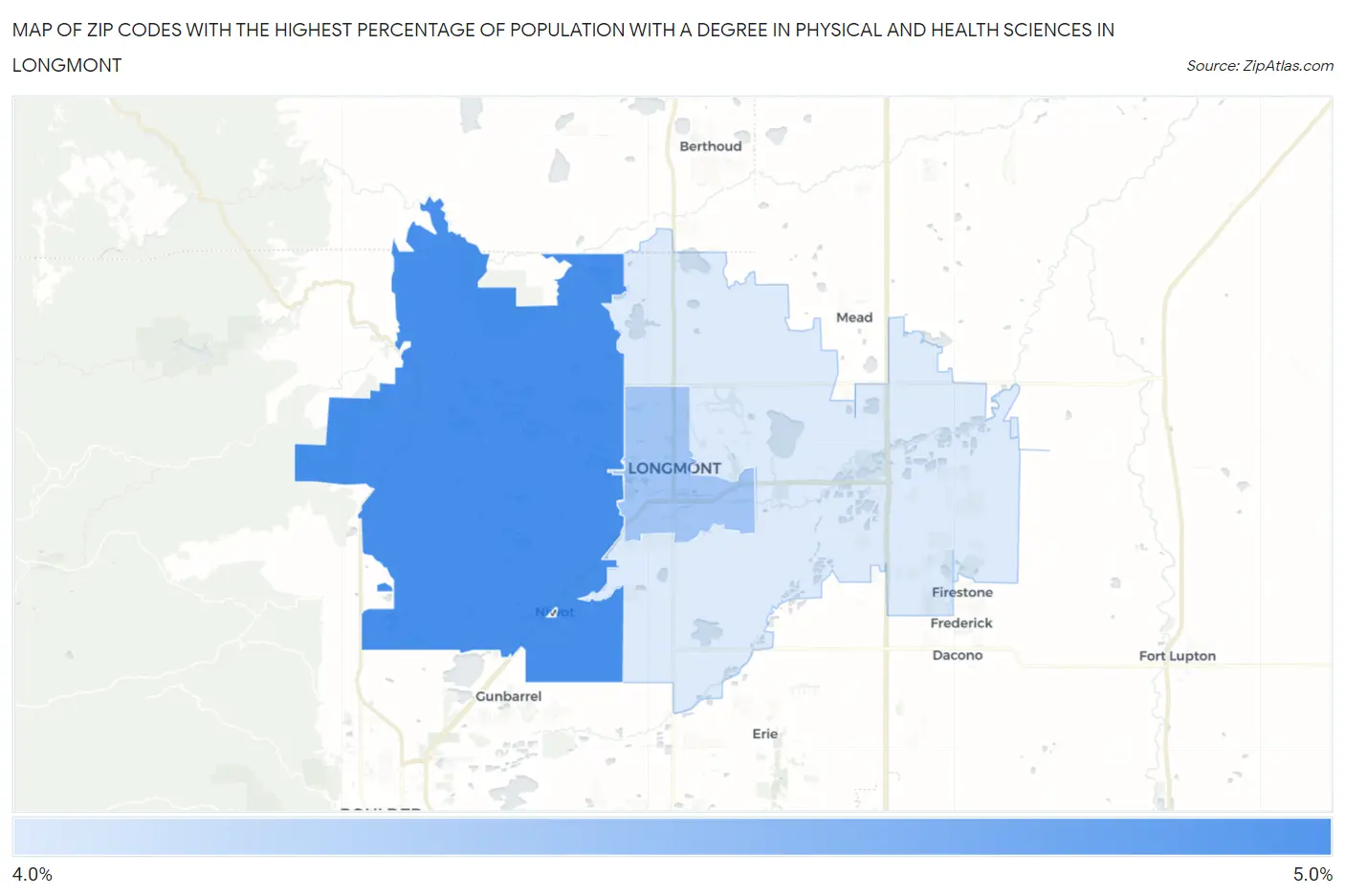 Zip Codes with the Highest Percentage of Population with a Degree in Physical and Health Sciences in Longmont Map
