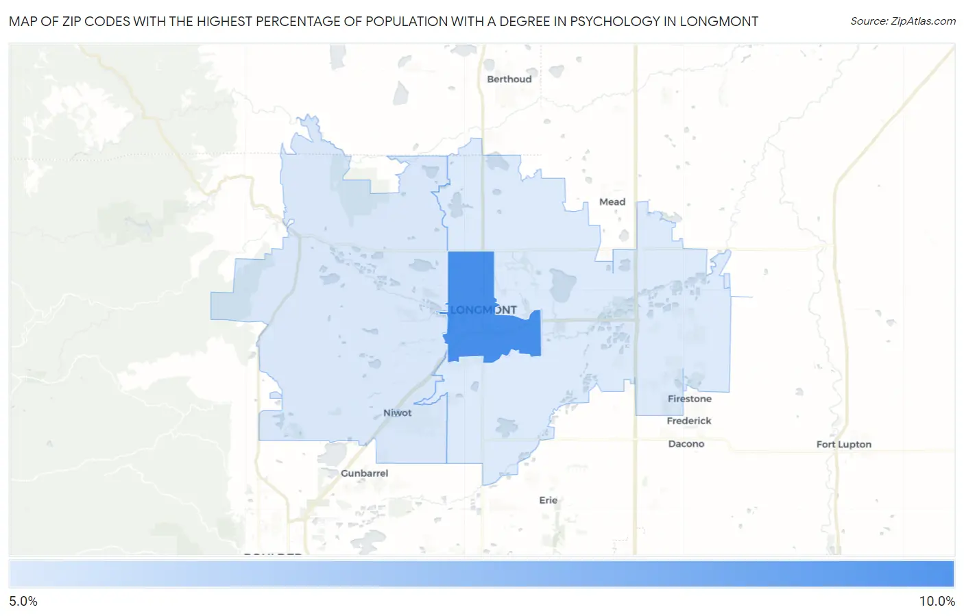 Zip Codes with the Highest Percentage of Population with a Degree in Psychology in Longmont Map