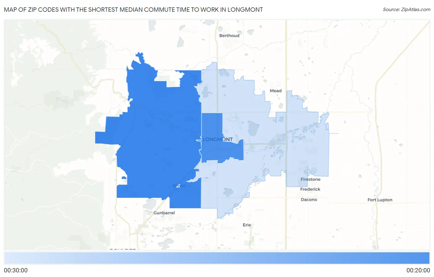 Zip Codes with the Shortest Median Commute Time to Work in Longmont Map