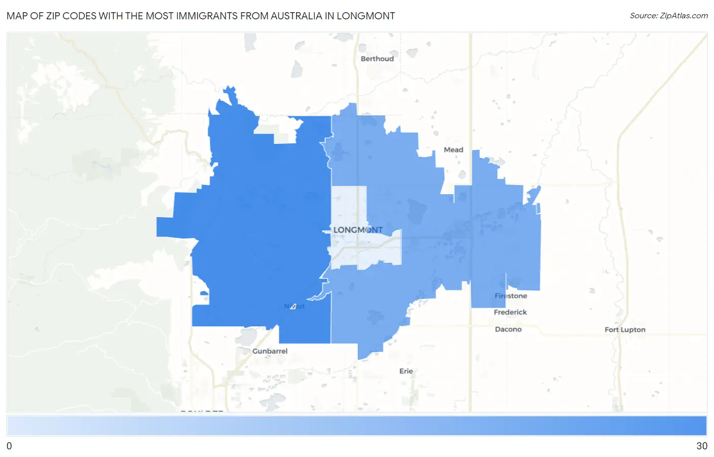 Zip Codes with the Most Immigrants from Australia in Longmont Map