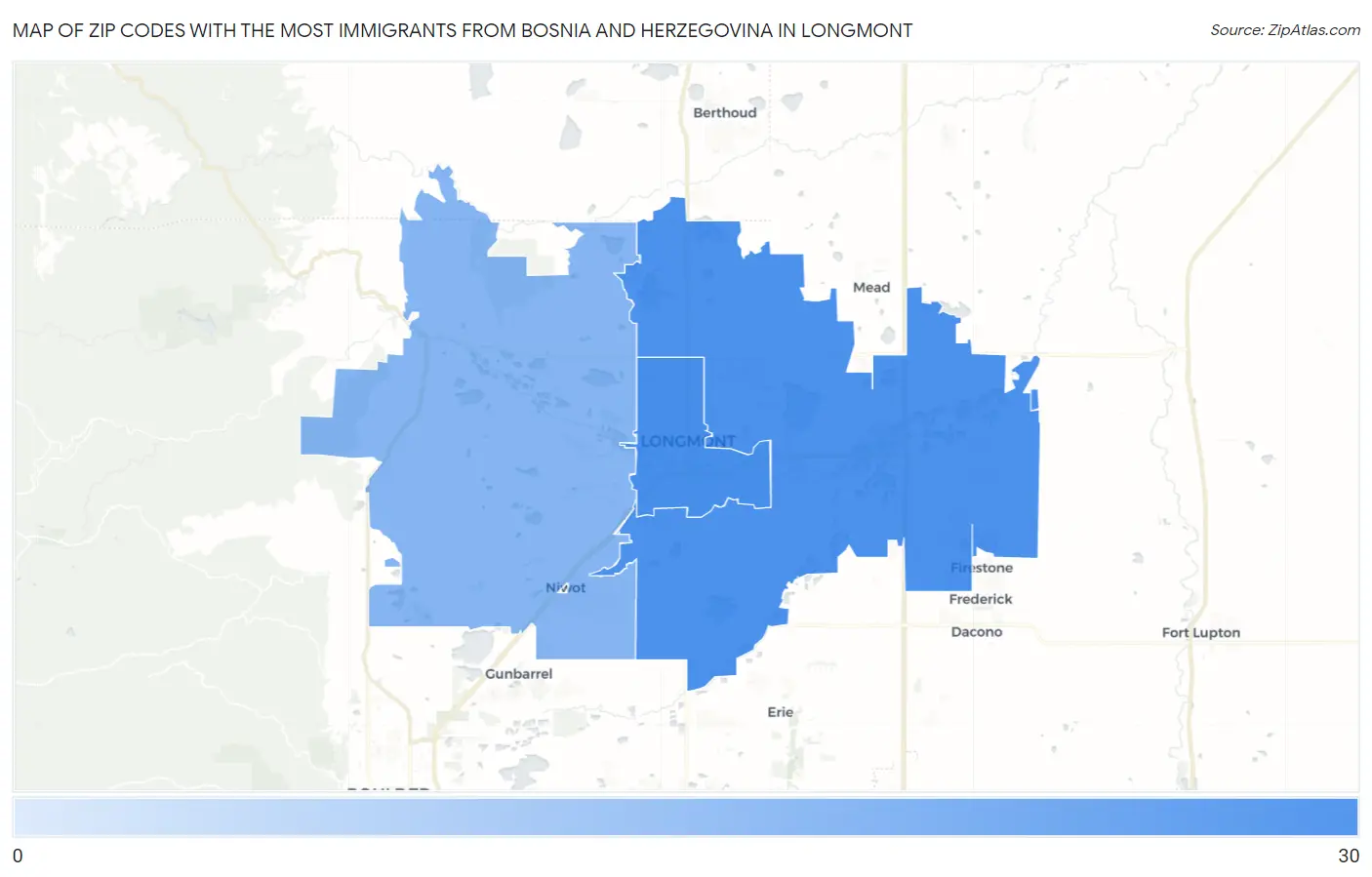 Zip Codes with the Most Immigrants from Bosnia and Herzegovina in Longmont Map