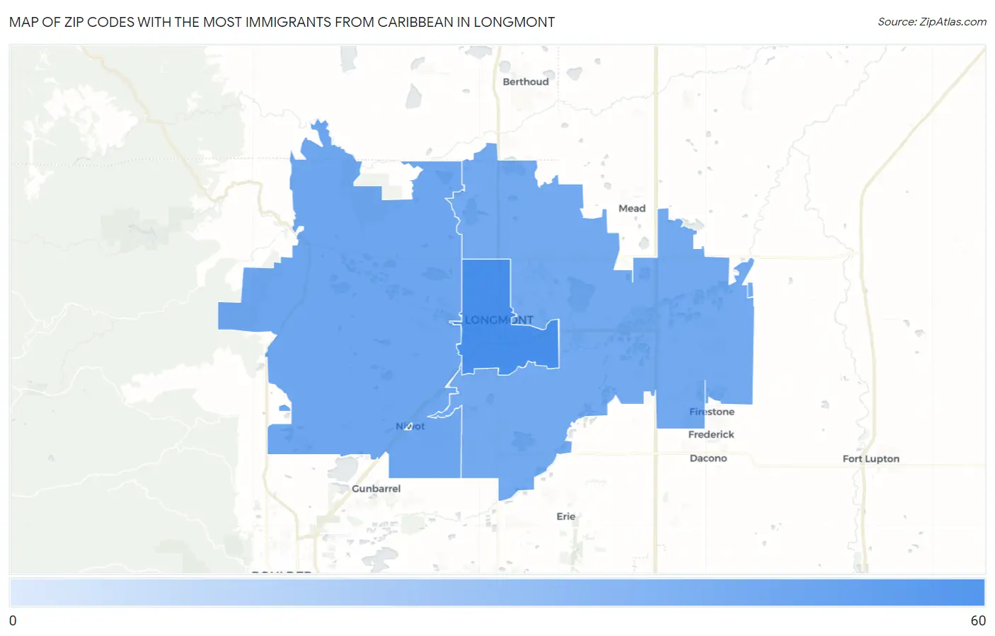 Zip Codes with the Most Immigrants from Caribbean in Longmont Map