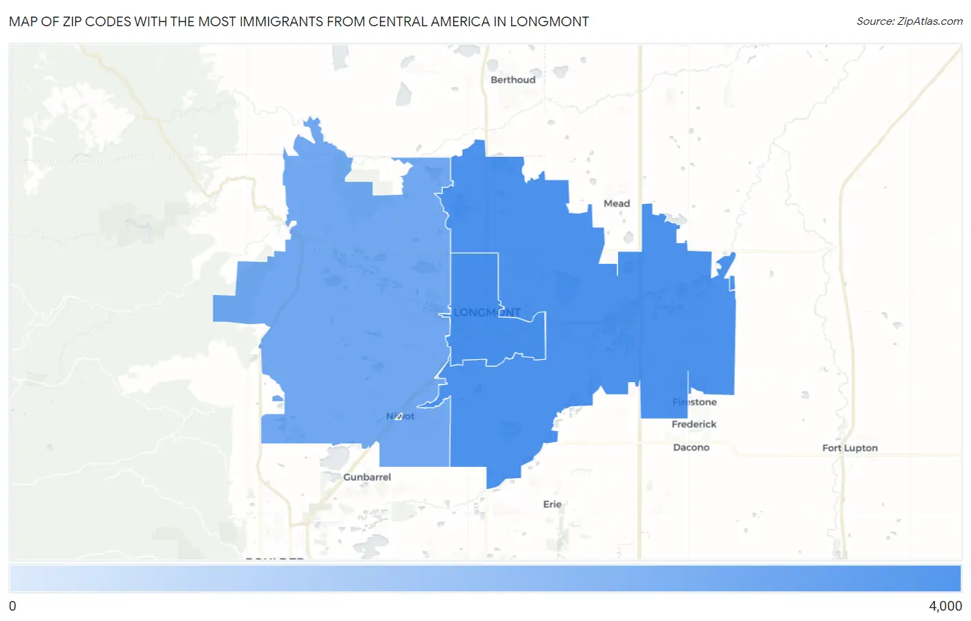 Zip Codes with the Most Immigrants from Central America in Longmont Map