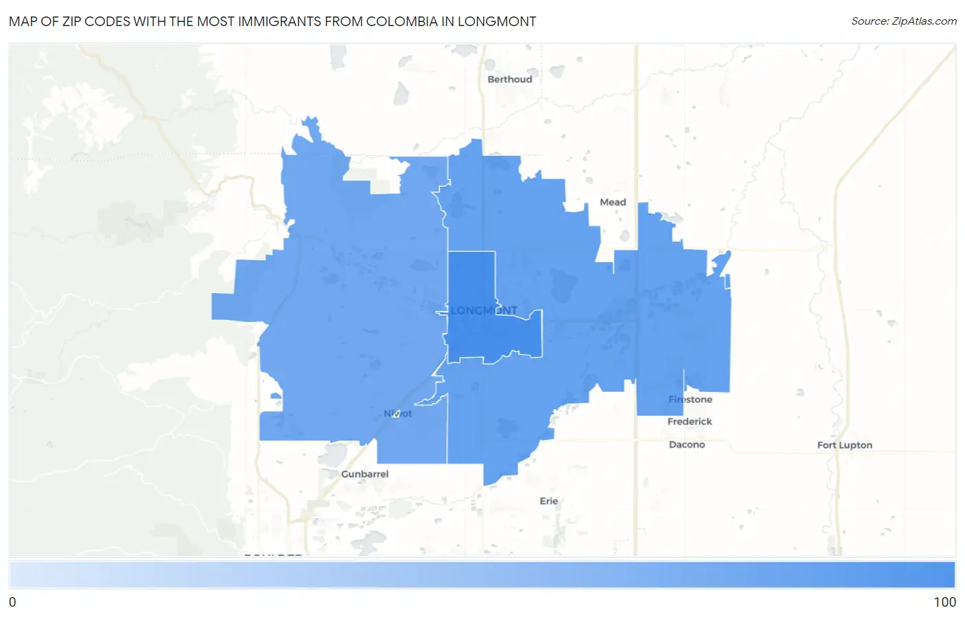 Zip Codes with the Most Immigrants from Colombia in Longmont Map