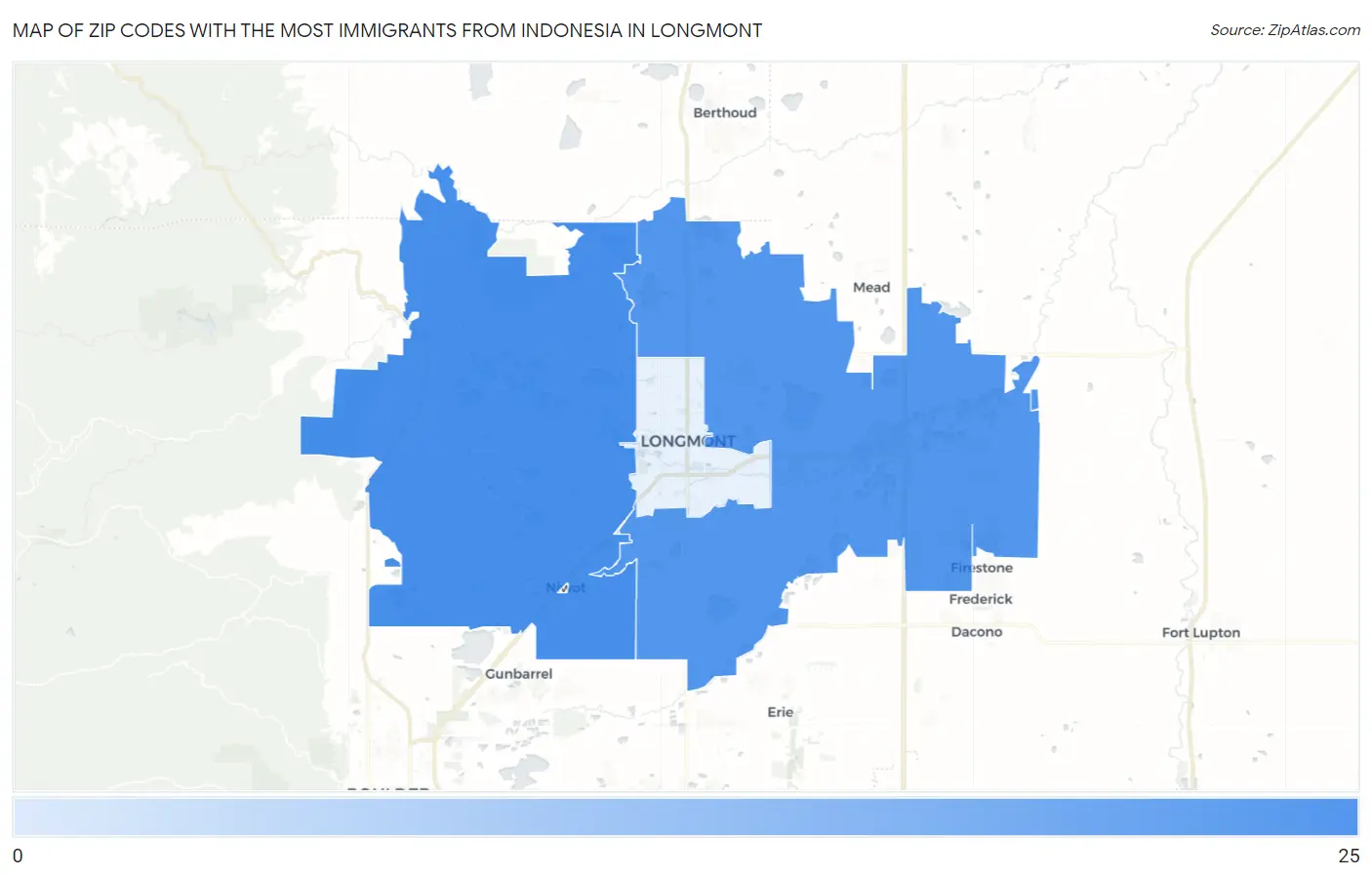 Zip Codes with the Most Immigrants from Indonesia in Longmont Map