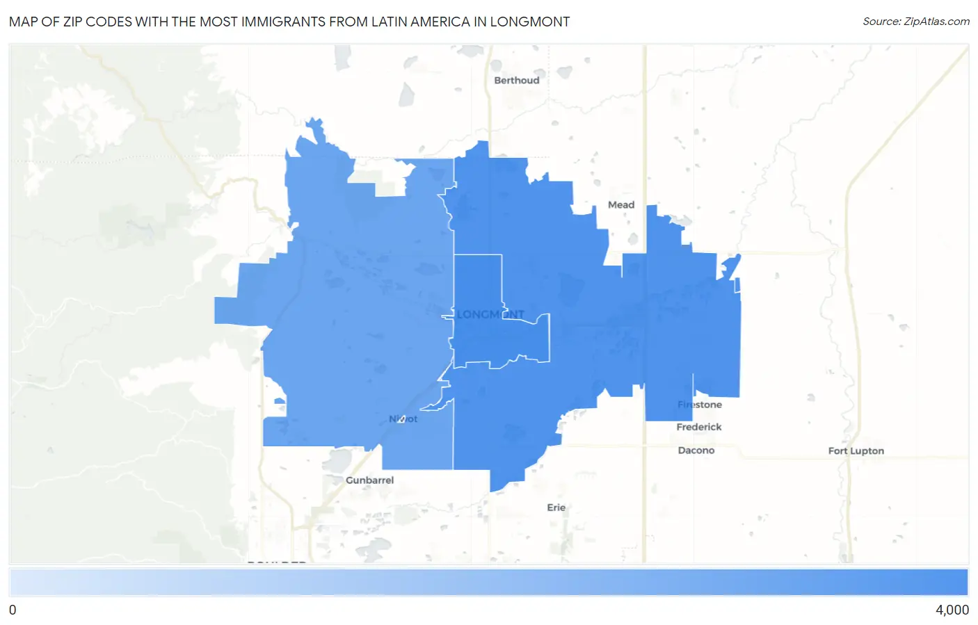 Zip Codes with the Most Immigrants from Latin America in Longmont Map