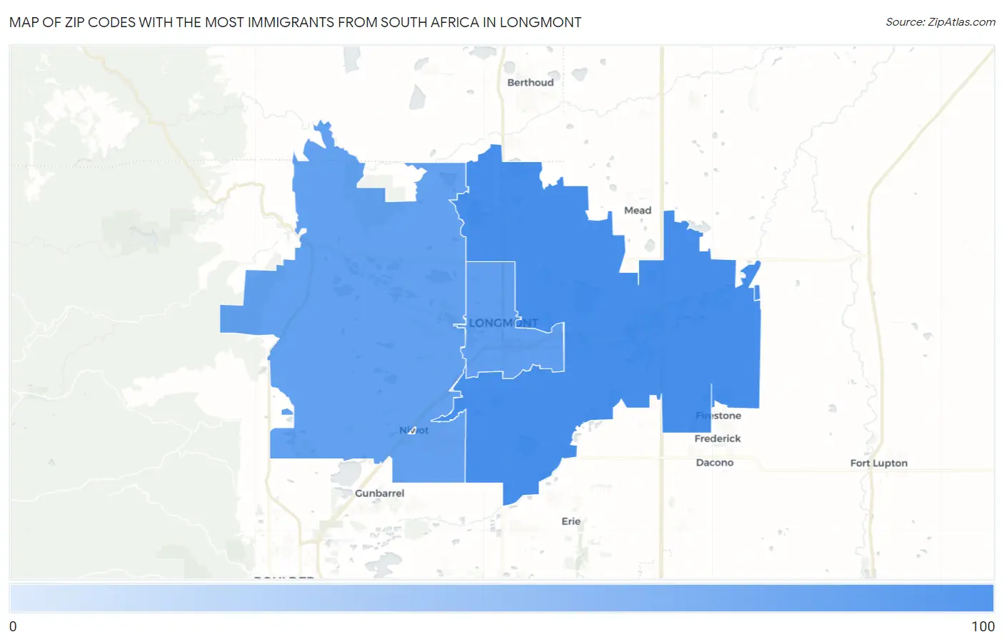Zip Codes with the Most Immigrants from South Africa in Longmont Map