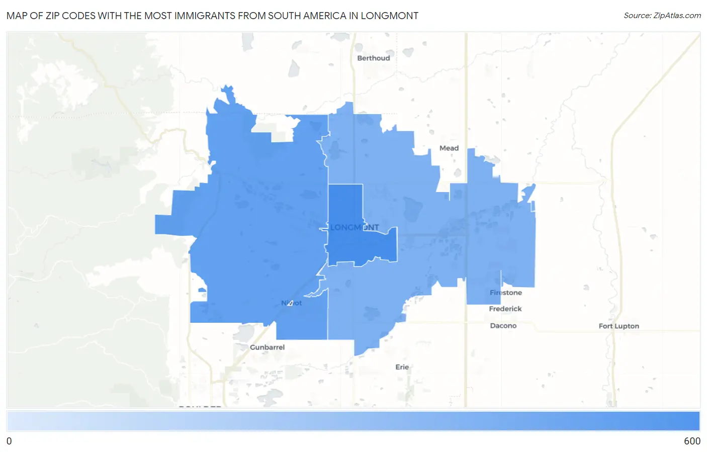 Zip Codes with the Most Immigrants from South America in Longmont Map