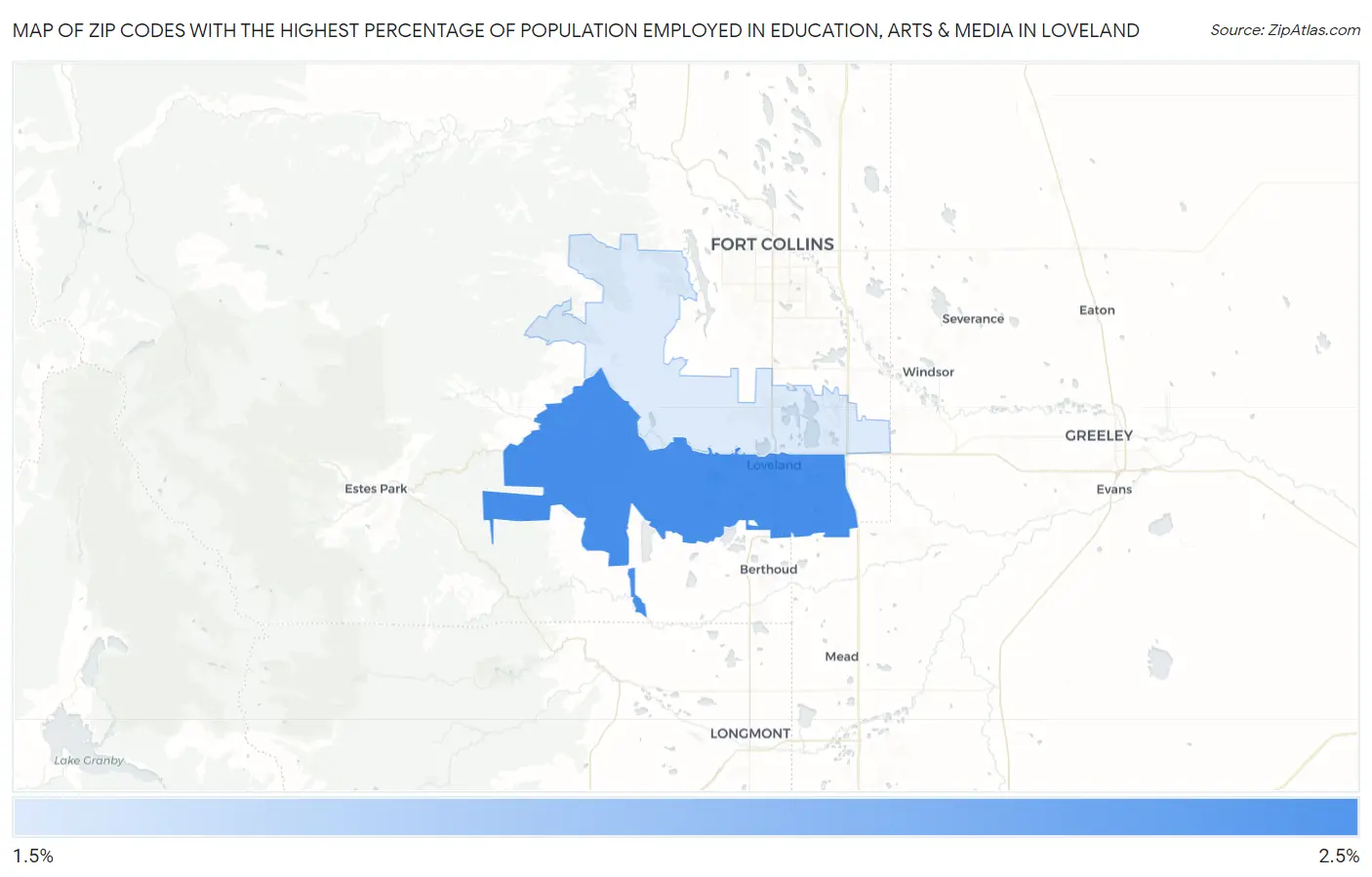 Zip Codes with the Highest Percentage of Population Employed in Education, Arts & Media in Loveland Map