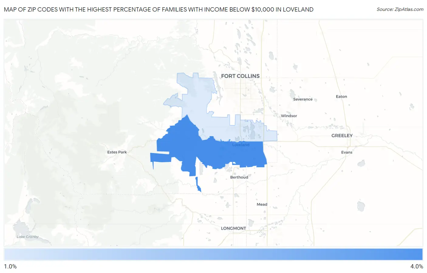Zip Codes with the Highest Percentage of Families with Income Below $10,000 in Loveland Map