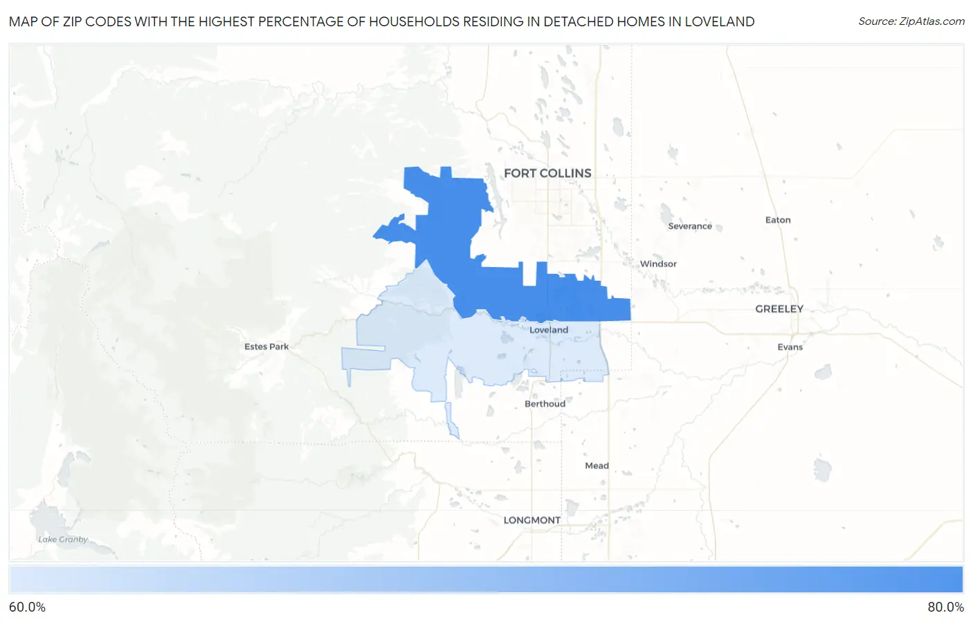 Zip Codes with the Highest Percentage of Households Residing in Detached Homes in Loveland Map