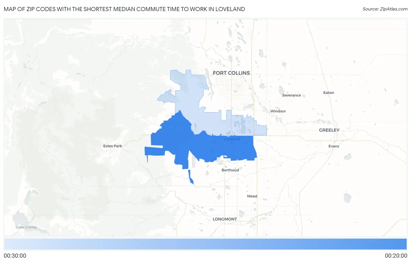 Zip Codes with the Shortest Median Commute Time to Work in Loveland Map
