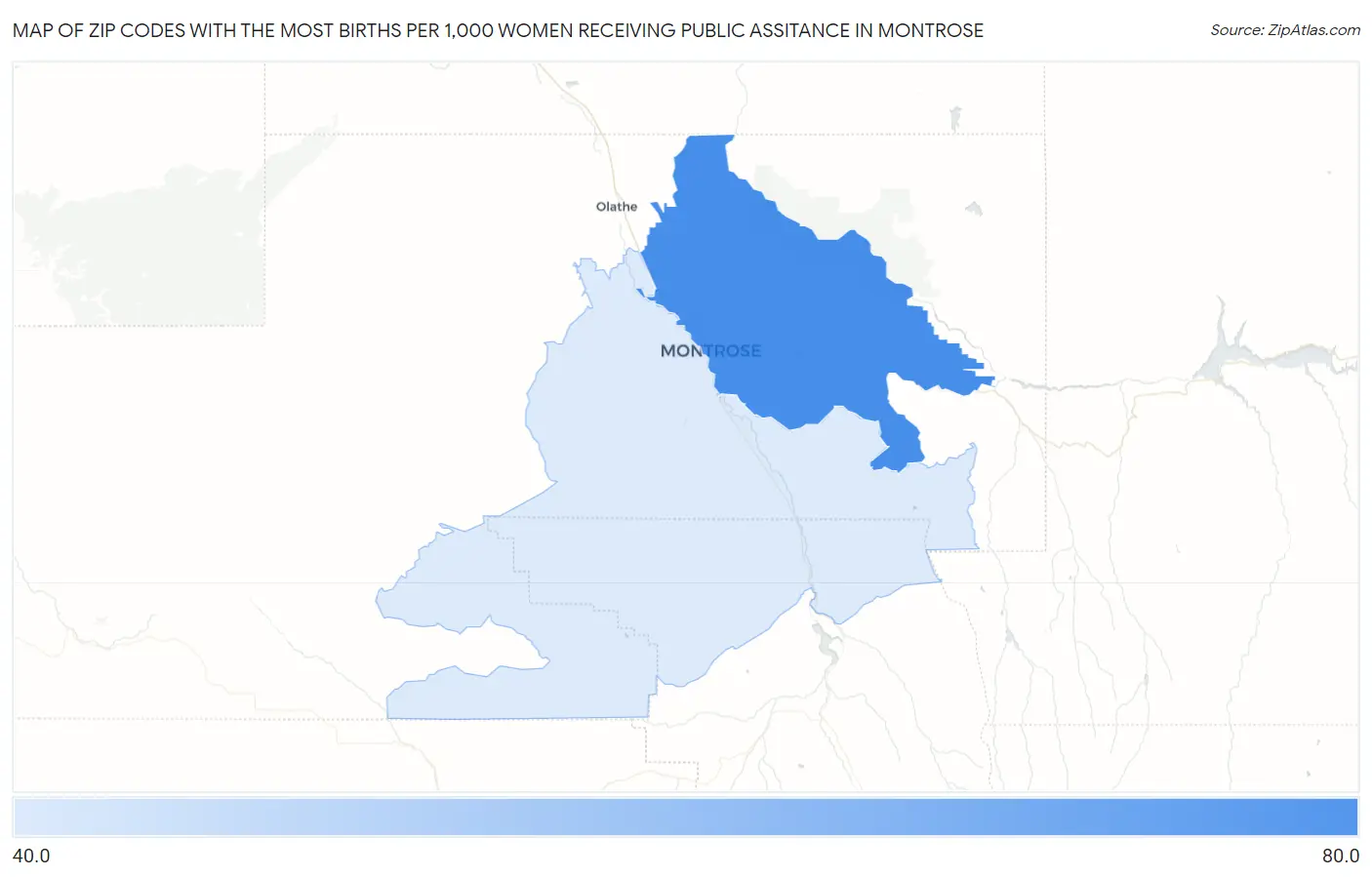 Zip Codes with the Most Births per 1,000 Women Receiving Public Assitance in Montrose Map
