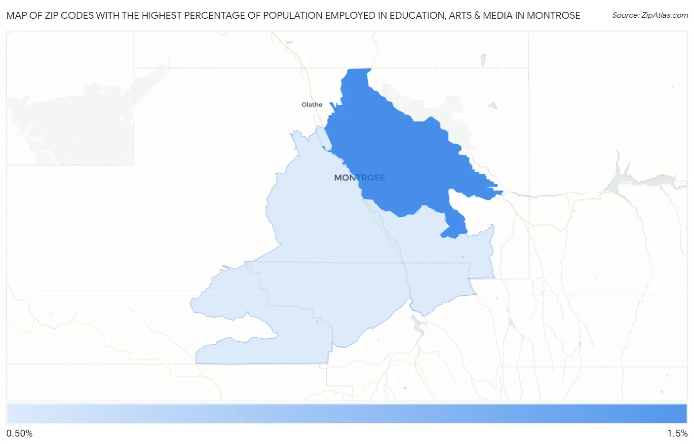 Zip Codes with the Highest Percentage of Population Employed in Education, Arts & Media in Montrose Map