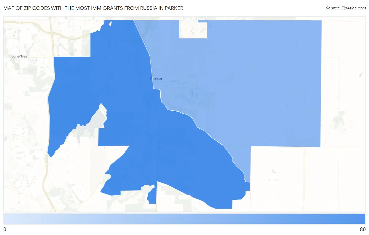 Zip Codes with the Most Immigrants from Russia in Parker Map