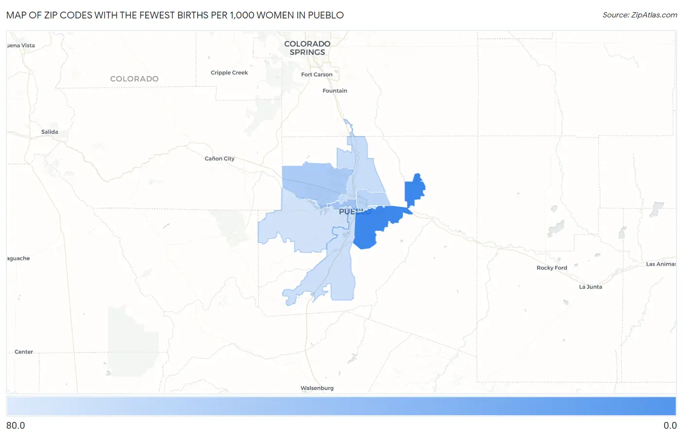Zip Codes with the Fewest Births per 1,000 Women in Pueblo Map