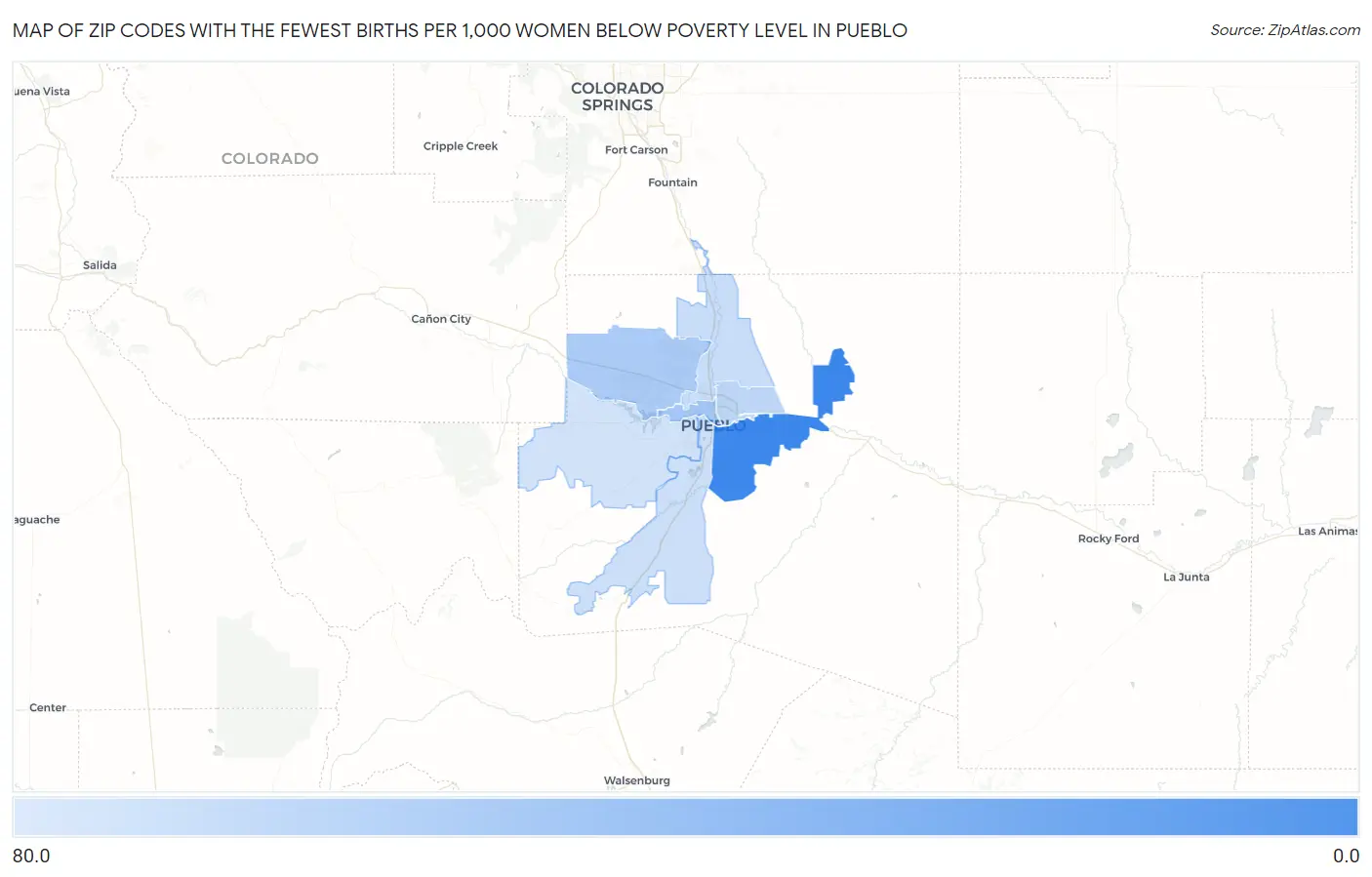 Zip Codes with the Fewest Births per 1,000 Women Below Poverty Level in Pueblo Map