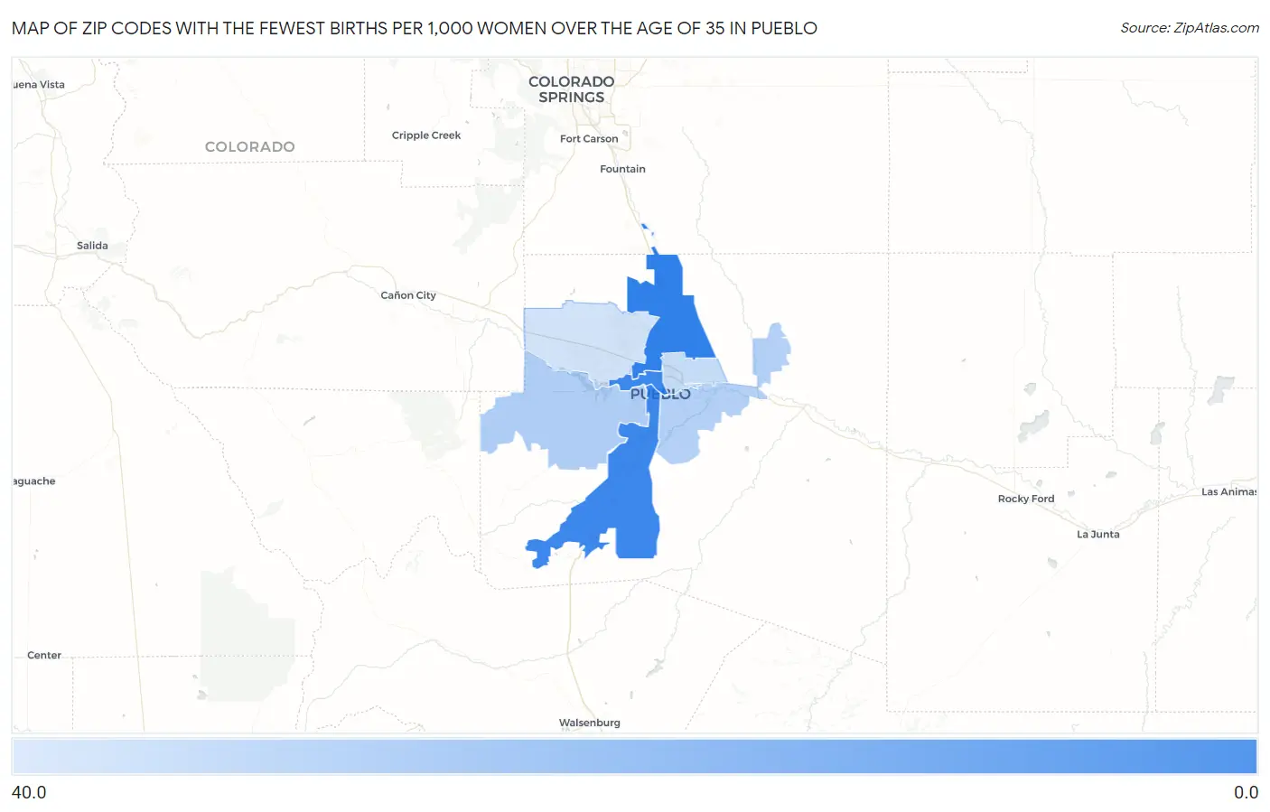 Zip Codes with the Fewest Births per 1,000 Women Over the Age of 35 in Pueblo Map