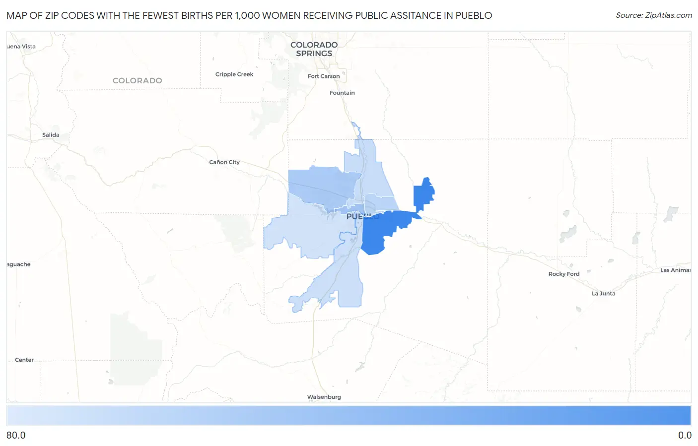 Zip Codes with the Fewest Births per 1,000 Women Receiving Public Assitance in Pueblo Map