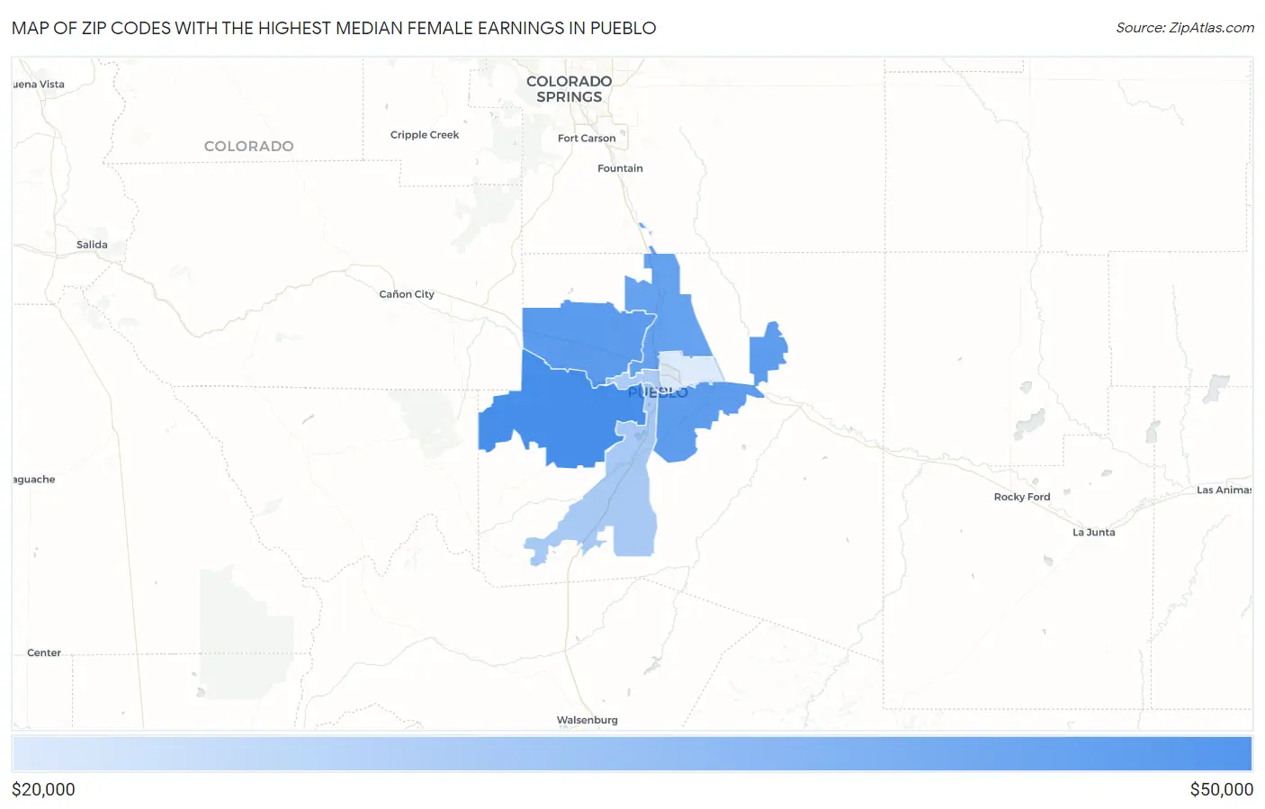 Zip Codes with the Highest Median Female Earnings in Pueblo Map