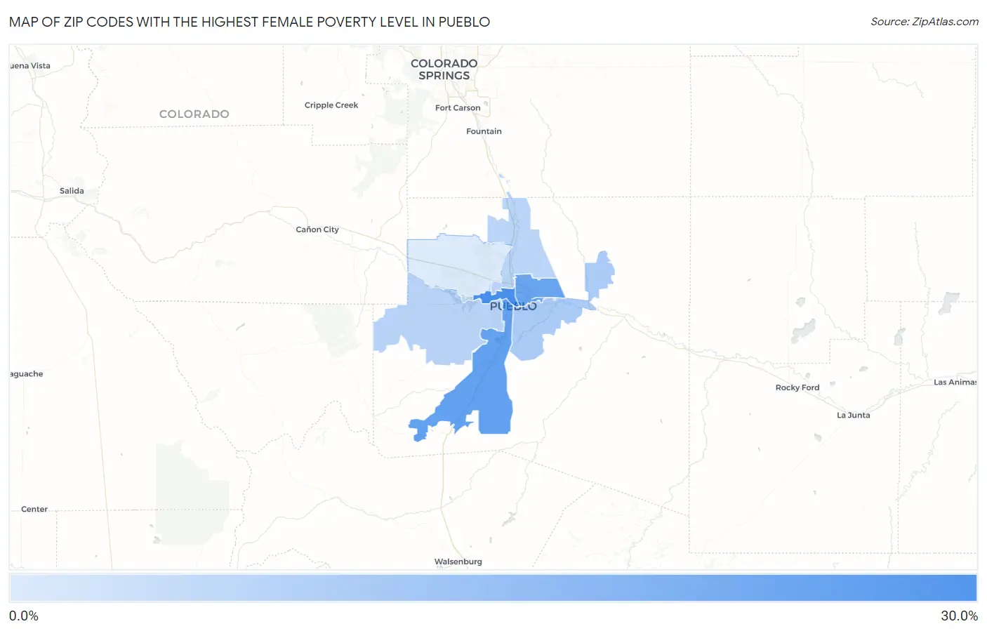 Zip Codes with the Highest Female Poverty Level in Pueblo Map