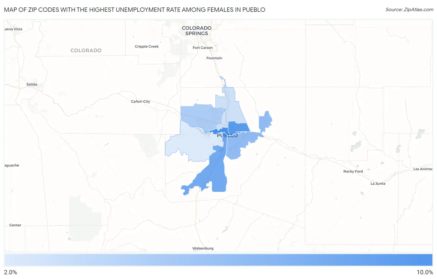 Zip Codes with the Highest Unemployment Rate Among Females in Pueblo Map