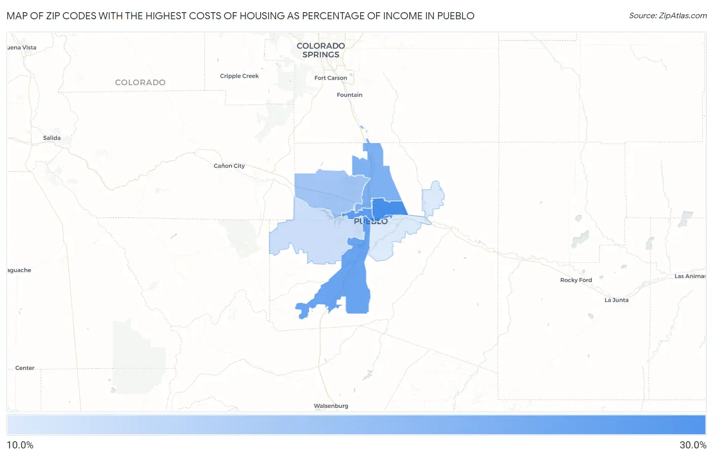 Zip Codes with the Highest Costs of Housing as Percentage of Income in Pueblo Map