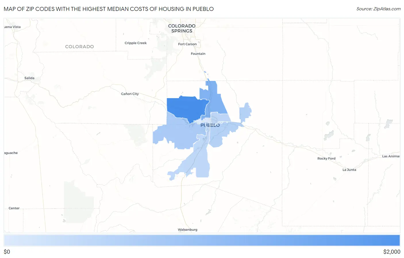Zip Codes with the Highest Median Costs of Housing in Pueblo Map
