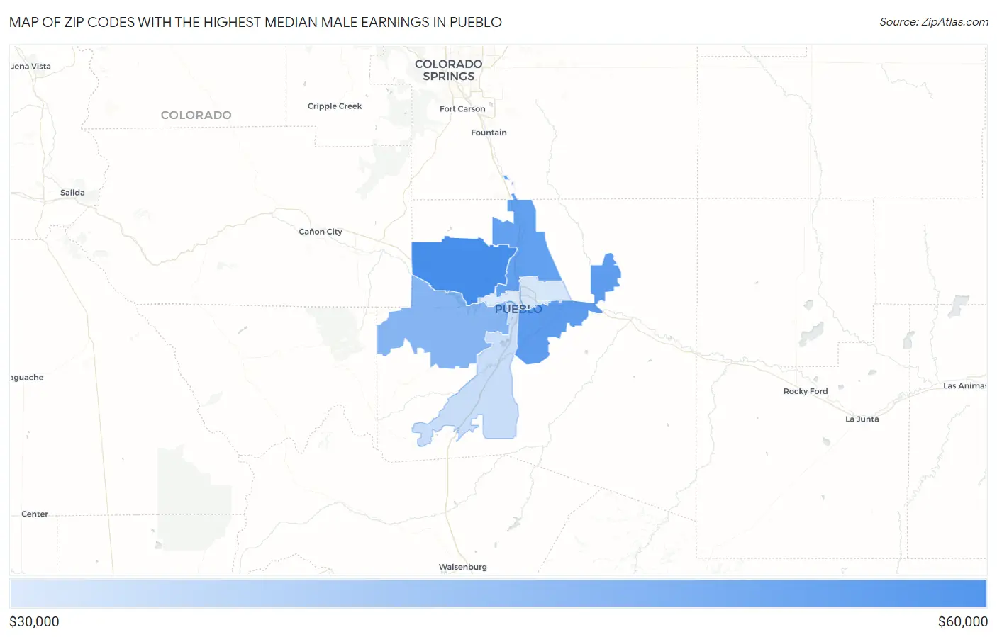 Zip Codes with the Highest Median Male Earnings in Pueblo Map