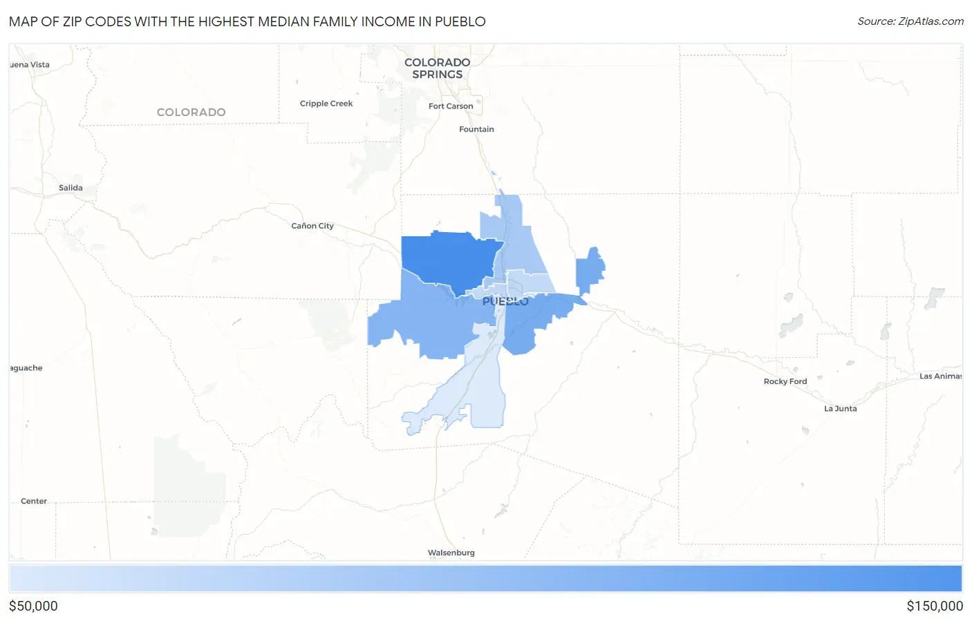 Zip Codes with the Highest Median Family Income in Pueblo Map