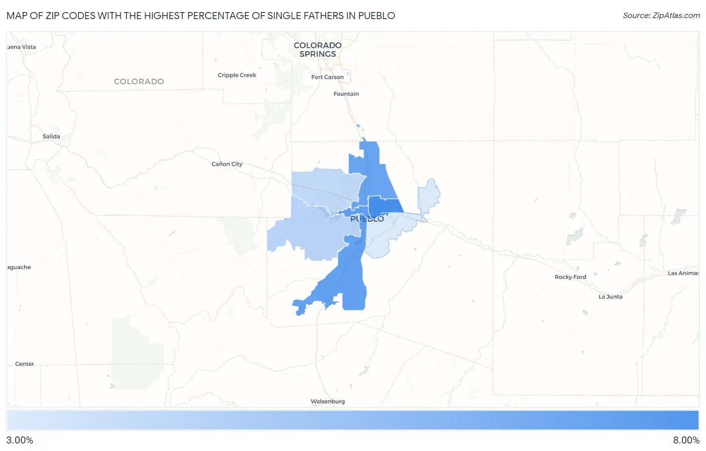 Zip Codes with the Highest Percentage of Single Fathers in Pueblo Map