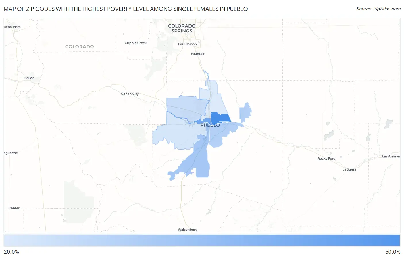 Zip Codes with the Highest Poverty Level Among Single Females in Pueblo Map