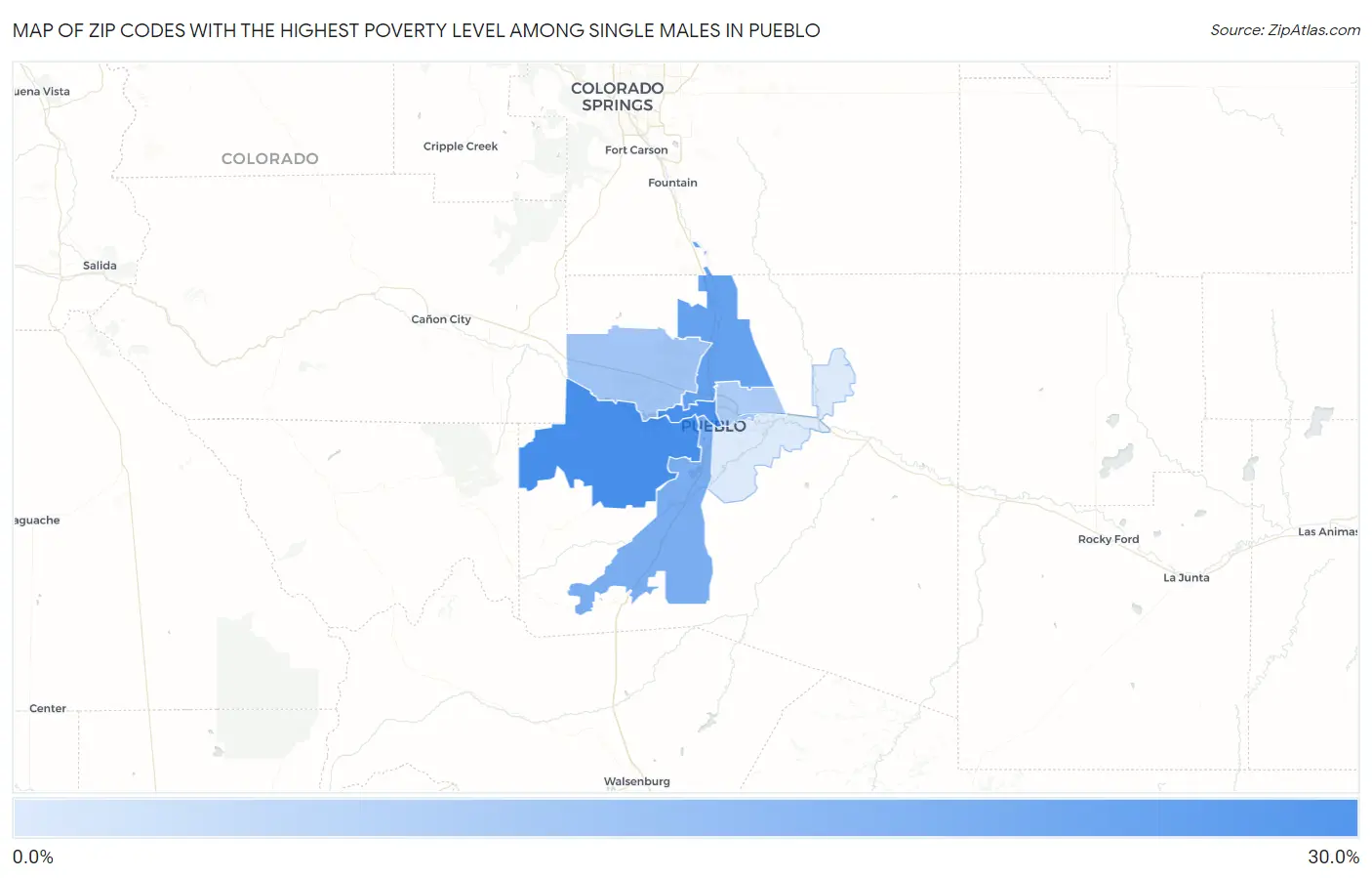 Zip Codes with the Highest Poverty Level Among Single Males in Pueblo Map