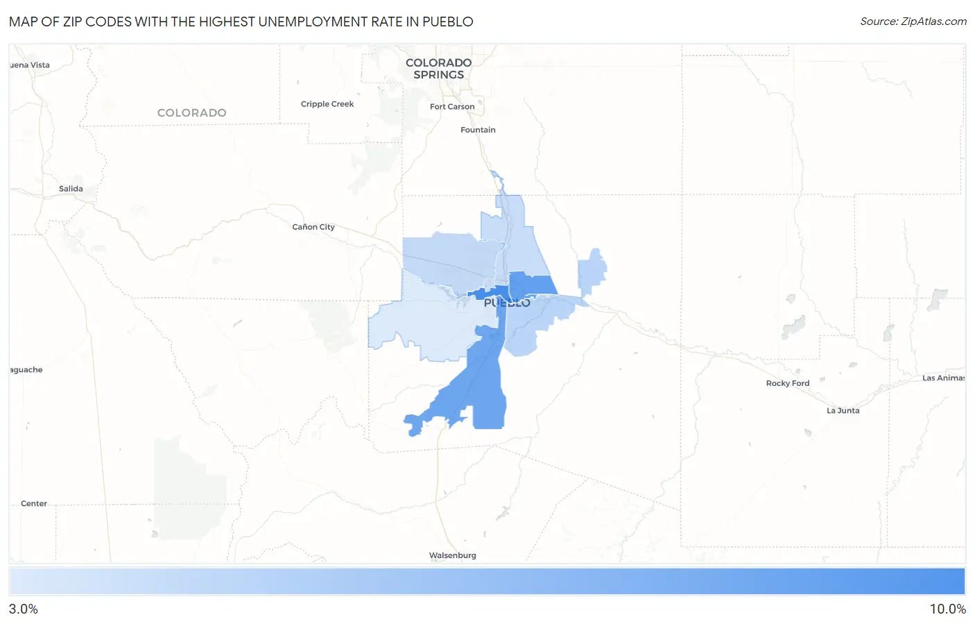 Zip Codes with the Highest Unemployment Rate in Pueblo Map