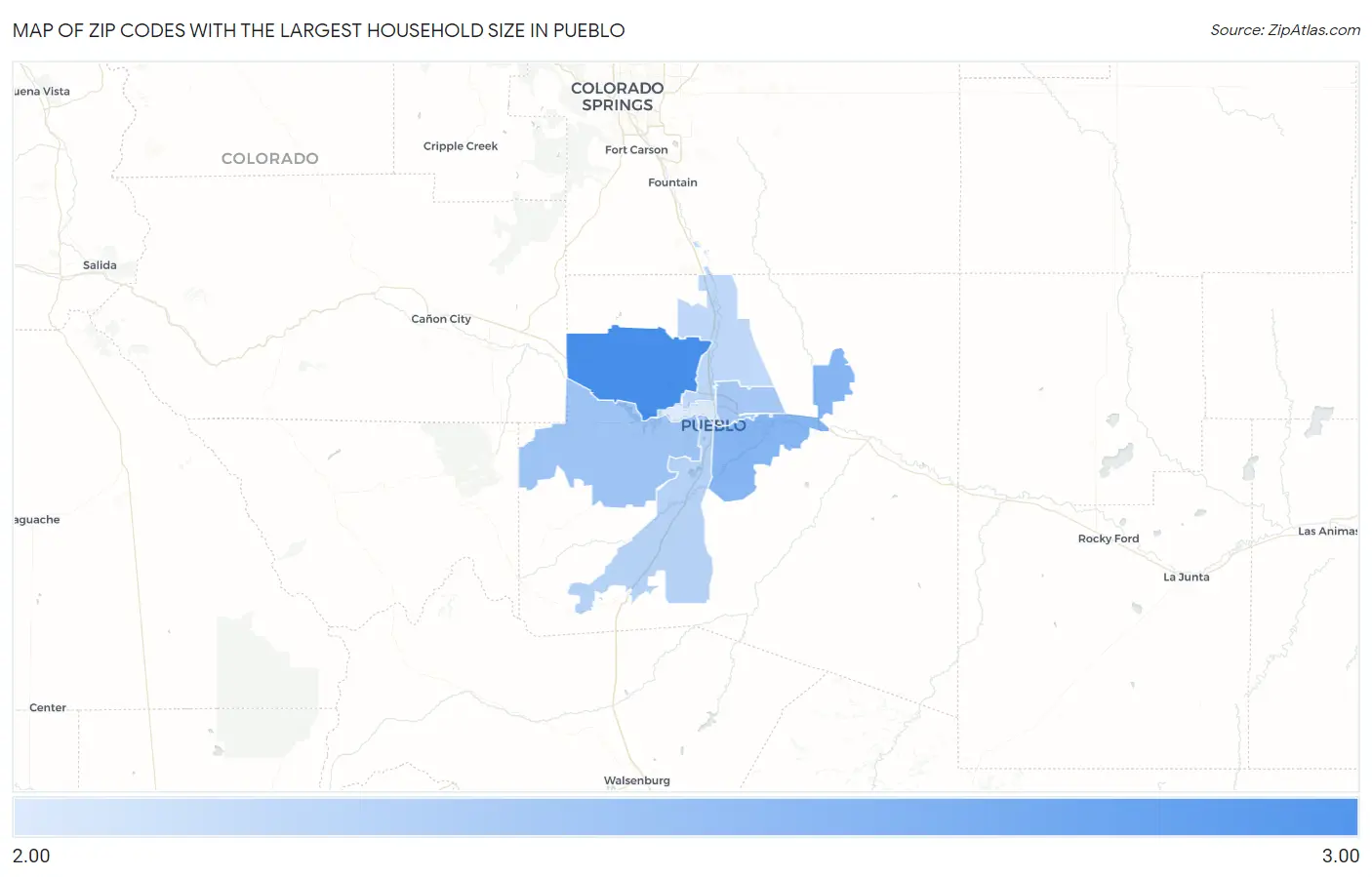 Zip Codes with the Largest Household Size in Pueblo Map