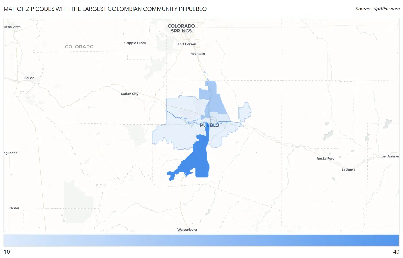Zip Codes with the Largest Colombian Community in Pueblo Map