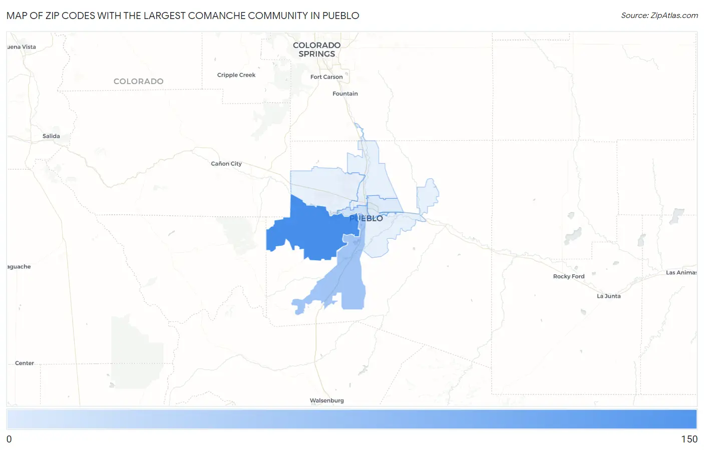 Zip Codes with the Largest Comanche Community in Pueblo Map
