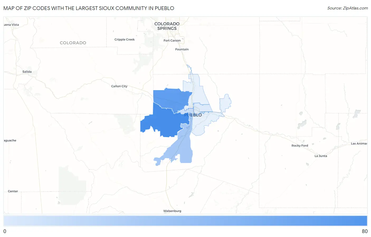 Zip Codes with the Largest Sioux Community in Pueblo Map