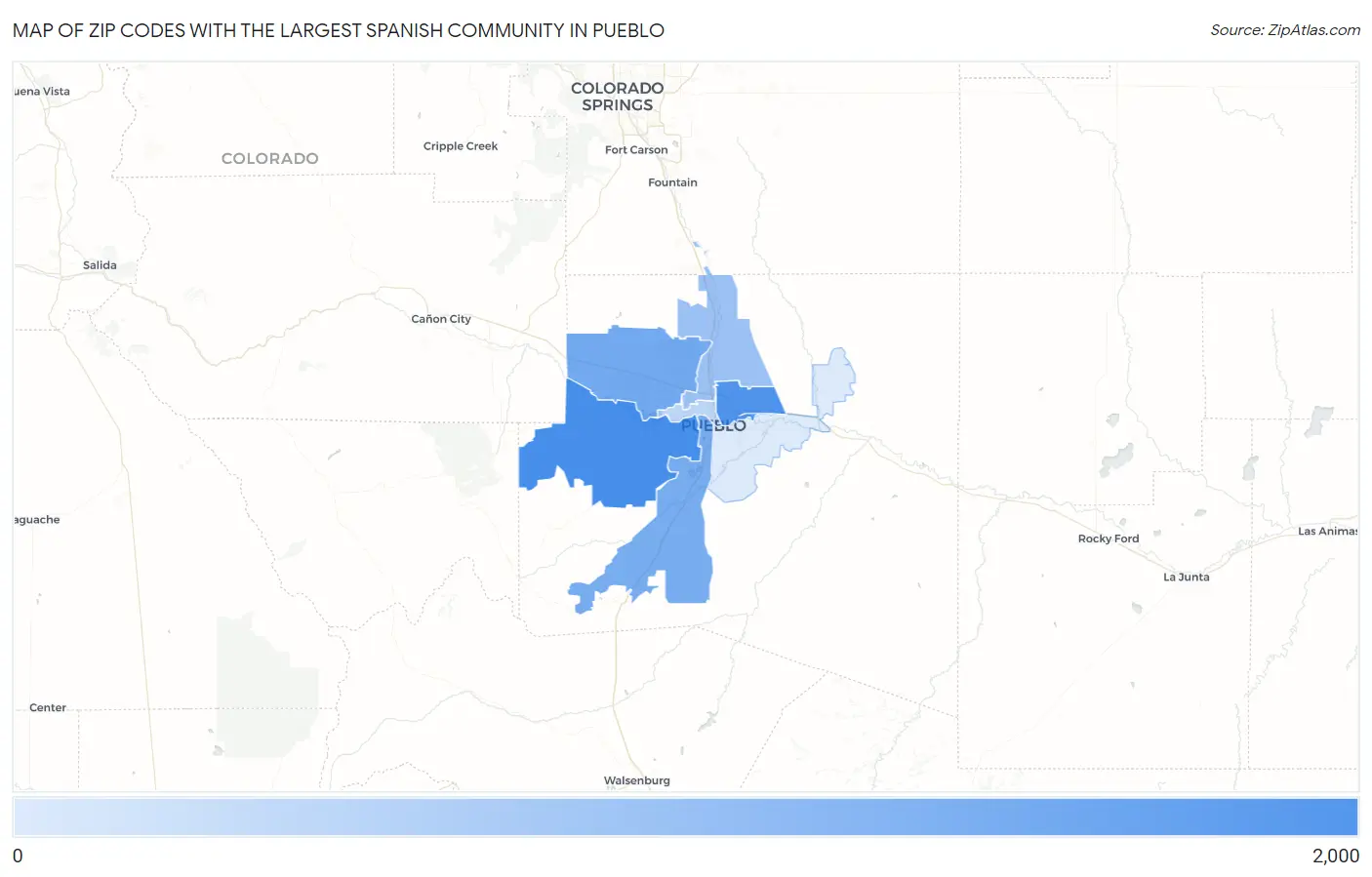 Zip Codes with the Largest Spanish Community in Pueblo Map