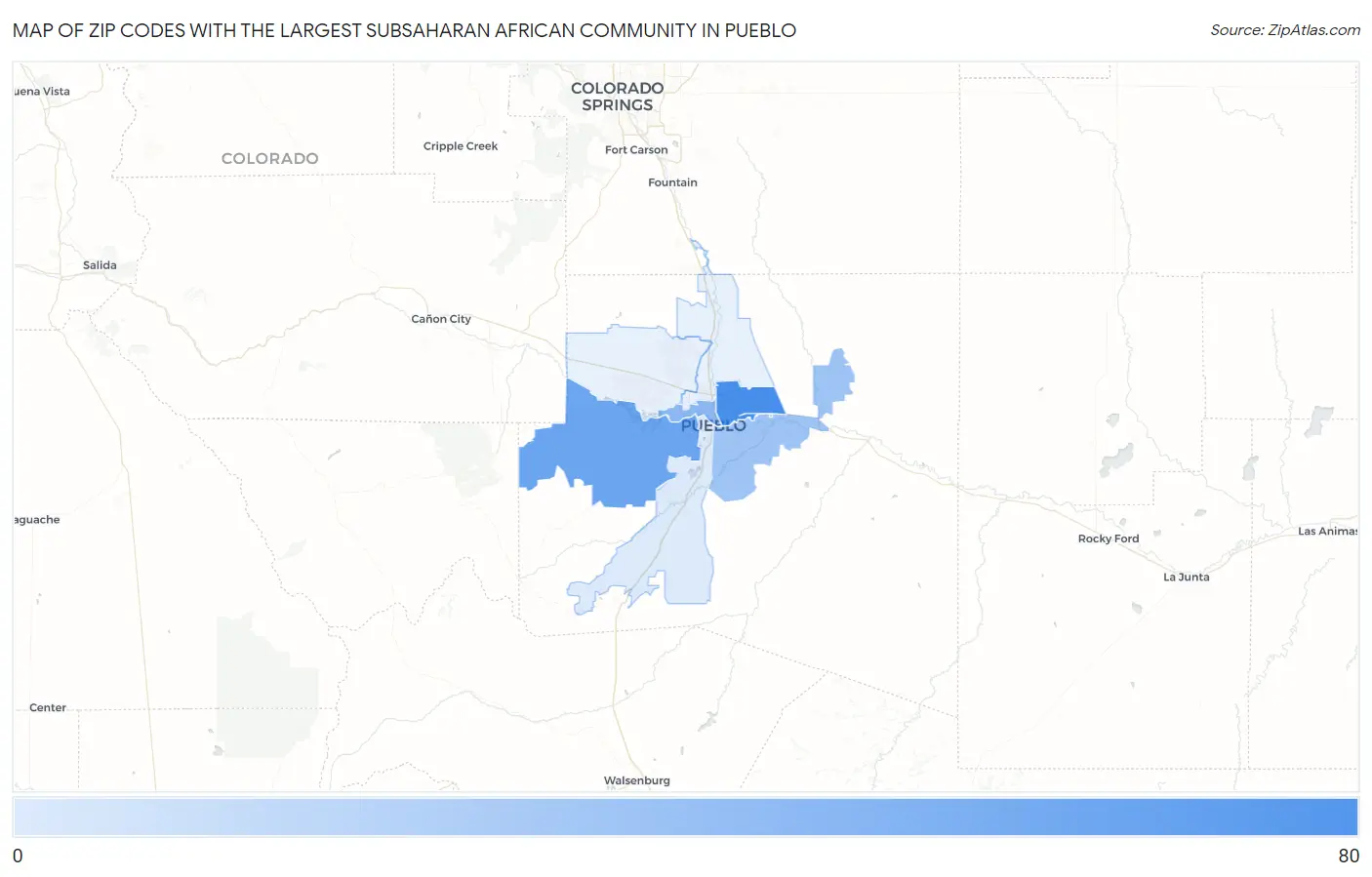 Zip Codes with the Largest Subsaharan African Community in Pueblo Map