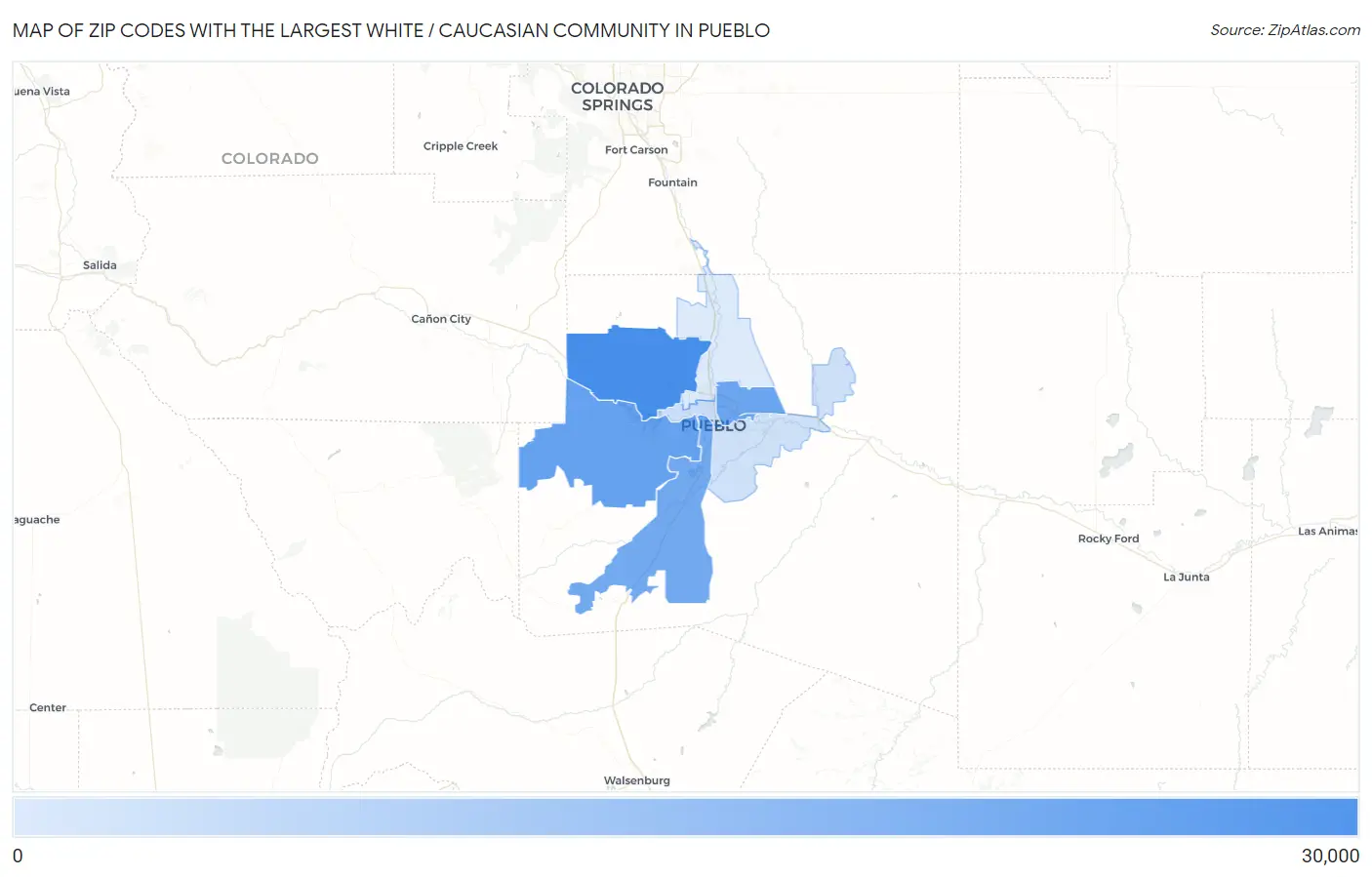 Zip Codes with the Largest White / Caucasian Community in Pueblo Map