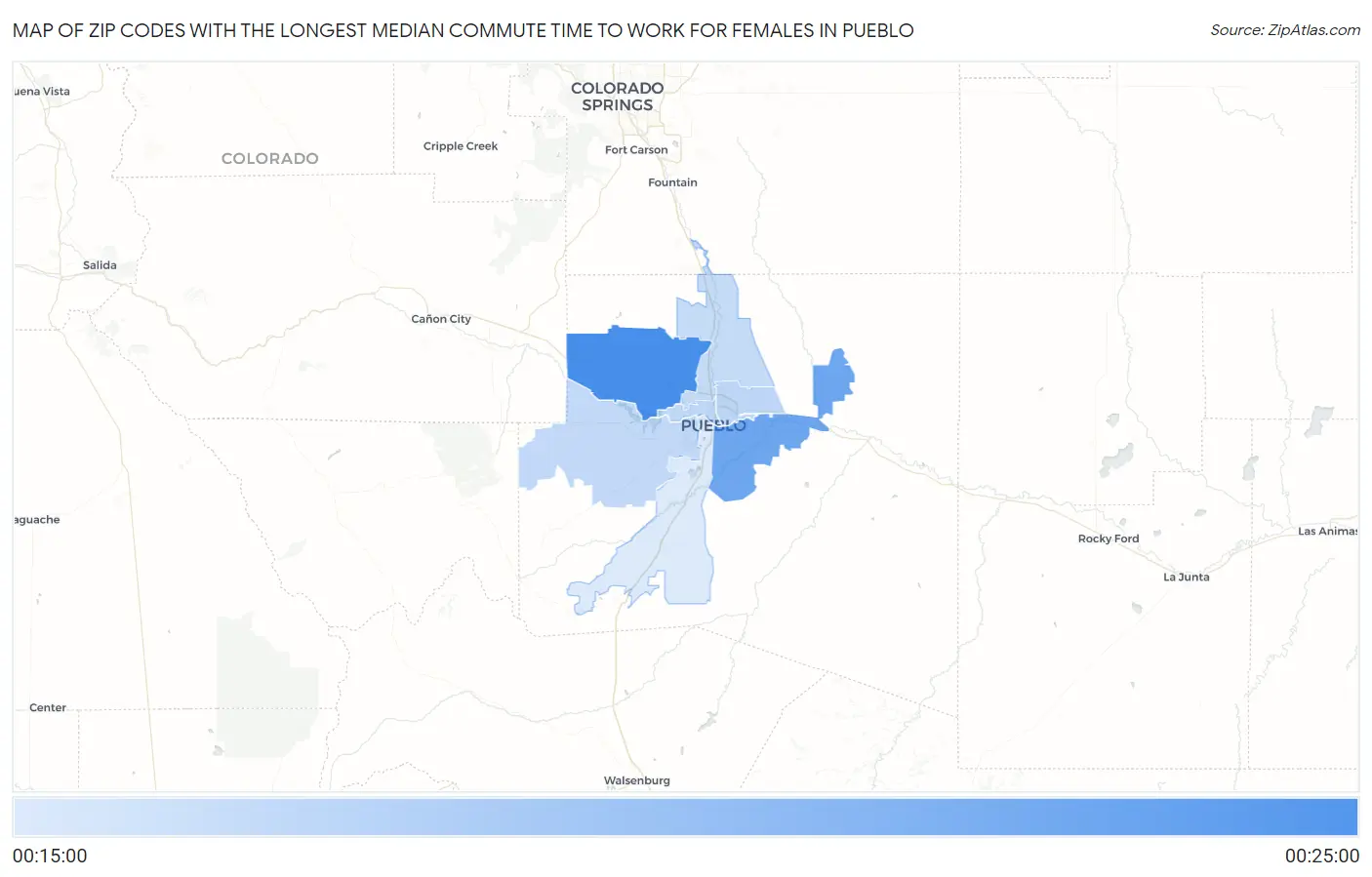 Zip Codes with the Longest Median Commute Time to Work for Females in Pueblo Map