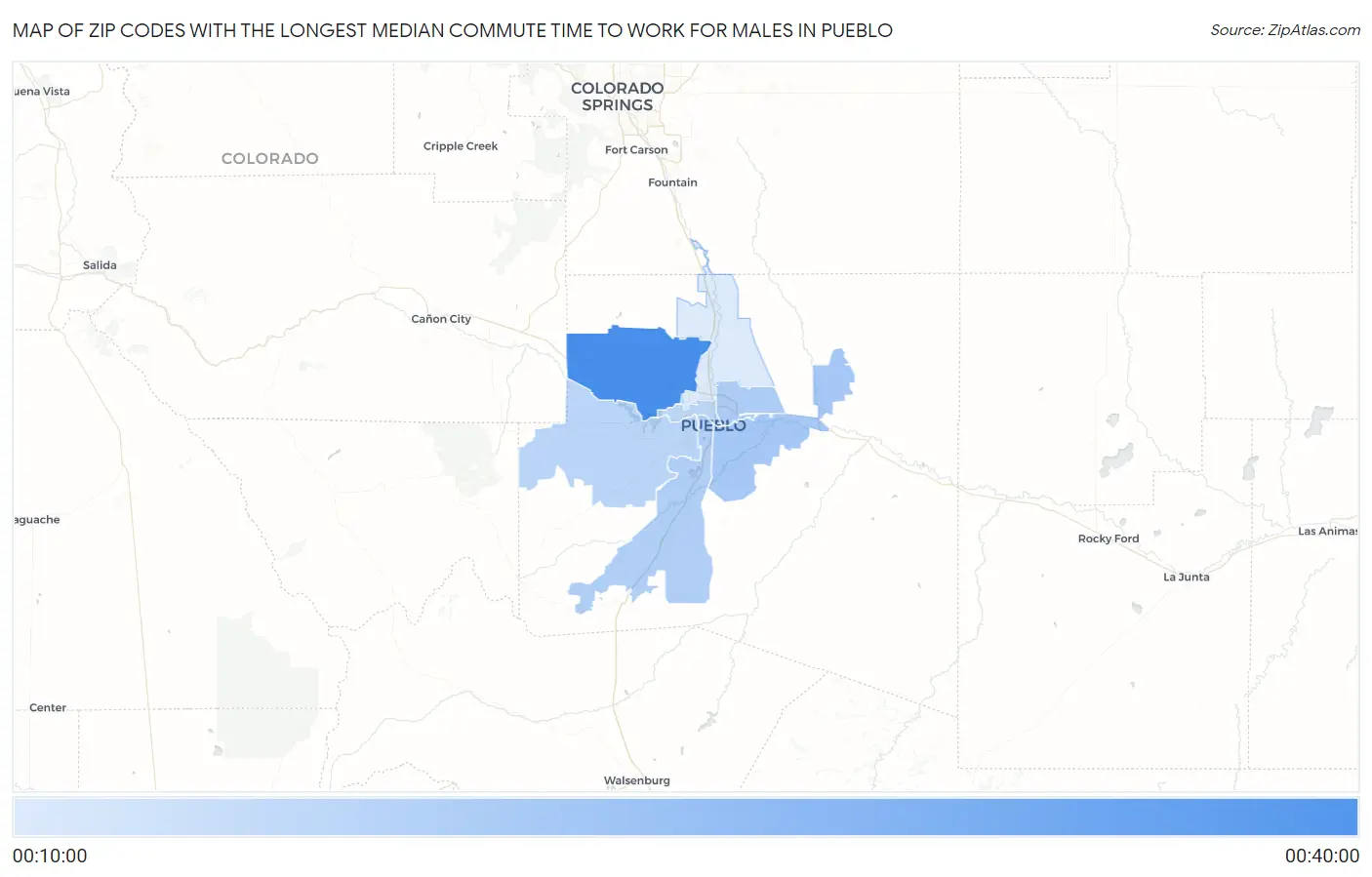 Zip Codes with the Longest Median Commute Time to Work for Males in Pueblo Map
