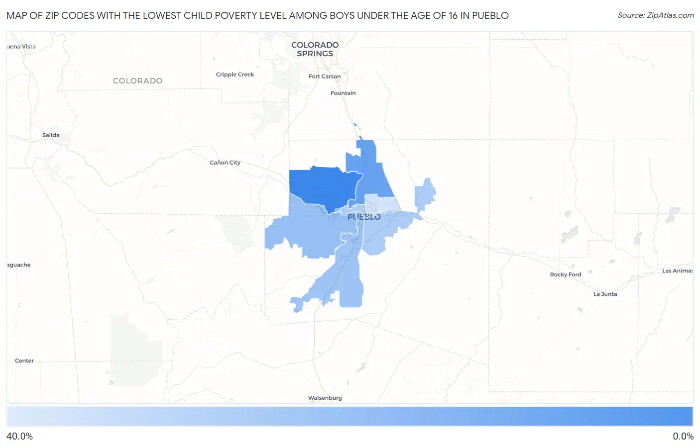 Zip Codes with the Lowest Child Poverty Level Among Boys Under the Age of 16 in Pueblo Map