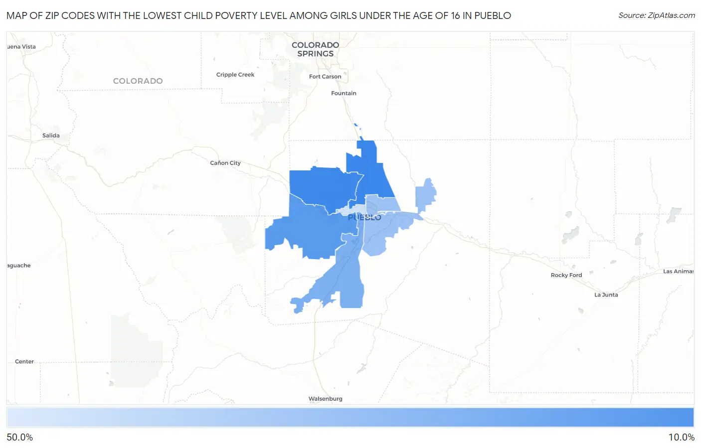 Zip Codes with the Lowest Child Poverty Level Among Girls Under the Age of 16 in Pueblo Map