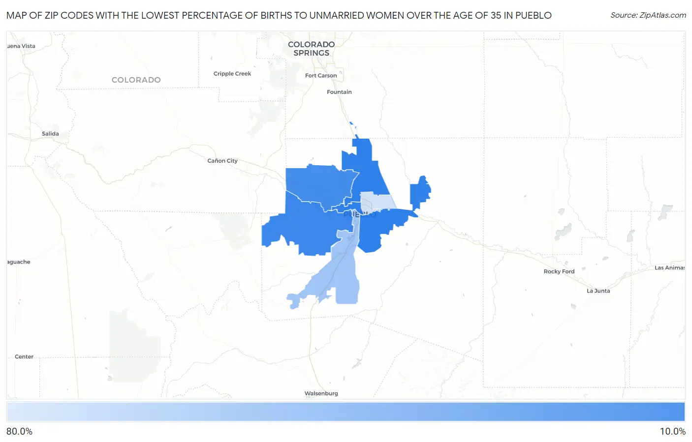 Zip Codes with the Lowest Percentage of Births to Unmarried Women over the Age of 35 in Pueblo Map