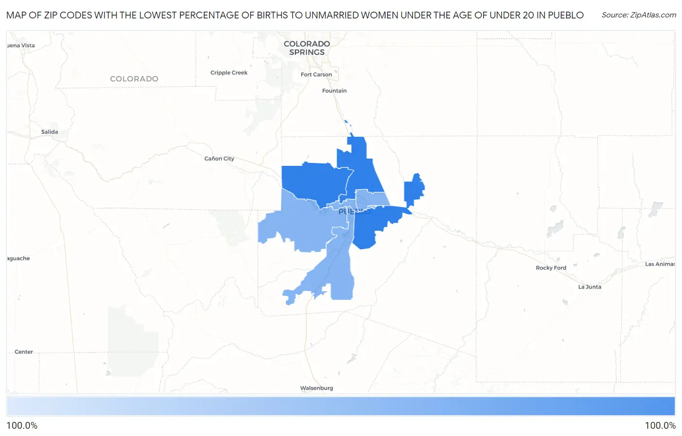 Zip Codes with the Lowest Percentage of Births to Unmarried Women under the Age of under 20 in Pueblo Map