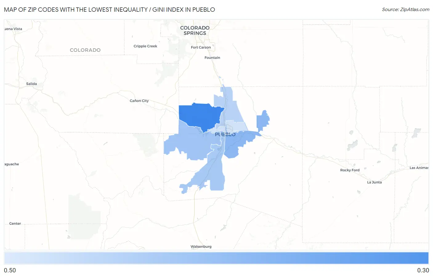 Zip Codes with the Lowest Inequality / Gini Index in Pueblo Map